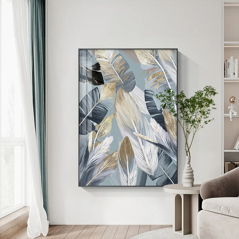 Chic Abstract Blau Goldene Federn Wandkunst Fine Art Leinwanddrucke Poster Bilder Für Wohnzimmer Esszimmer Moderne Schlafzimmer Kunst Dekor