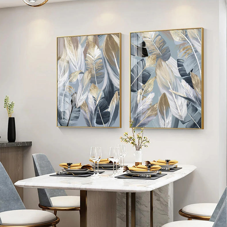 Chic Abstract Blau Goldene Federn Wandkunst Fine Art Leinwanddrucke Poster Bilder Für Wohnzimmer Esszimmer Moderne Schlafzimmer Kunst Dekor
