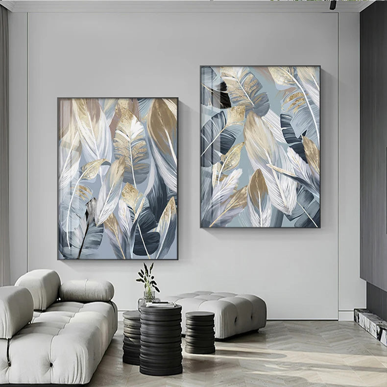 Chic Abstract Blau Goldene Federn Wandkunst Fine Art Leinwanddrucke Poster Bilder Für Wohnzimmer Esszimmer Moderne Schlafzimmer Kunst Dekor