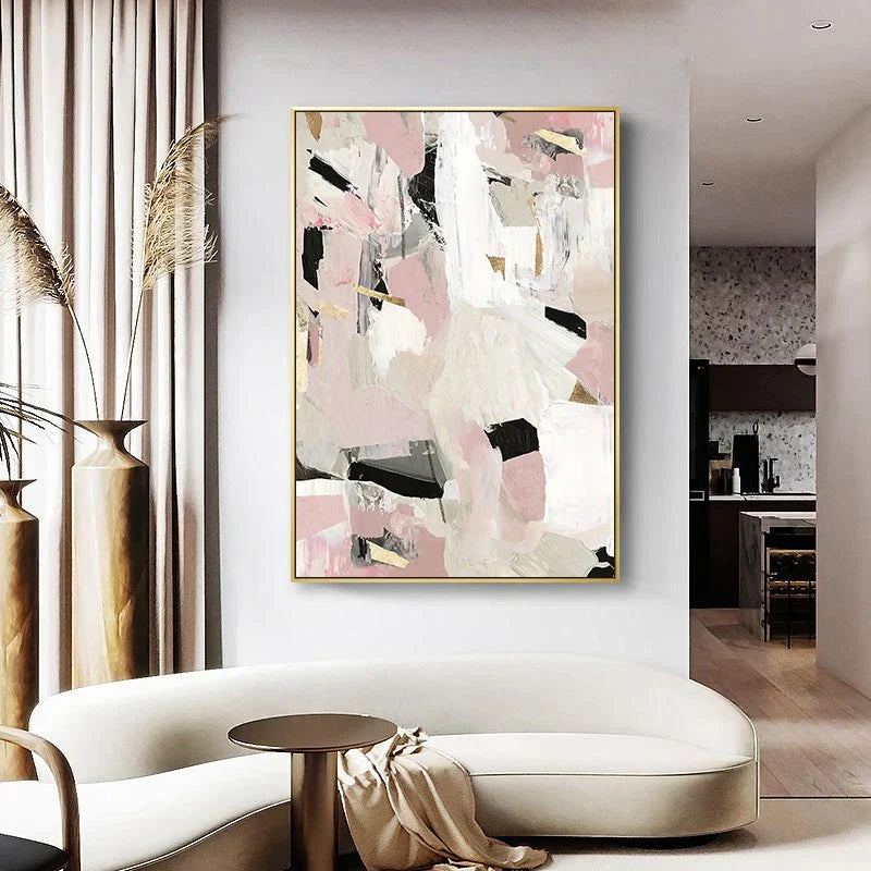 Zeitgenössischer Pastell-Abstrakt-Leinwanddruck Wandkunst - Kühne und zarte geometrische Kunst in Rosa, Weiß, Schwarz und Beige - Perfekt für moderne minimalistische Interieurs