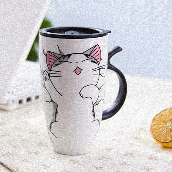 Niedlicher Katzenkeramikbecher mit Deckel | Brehn