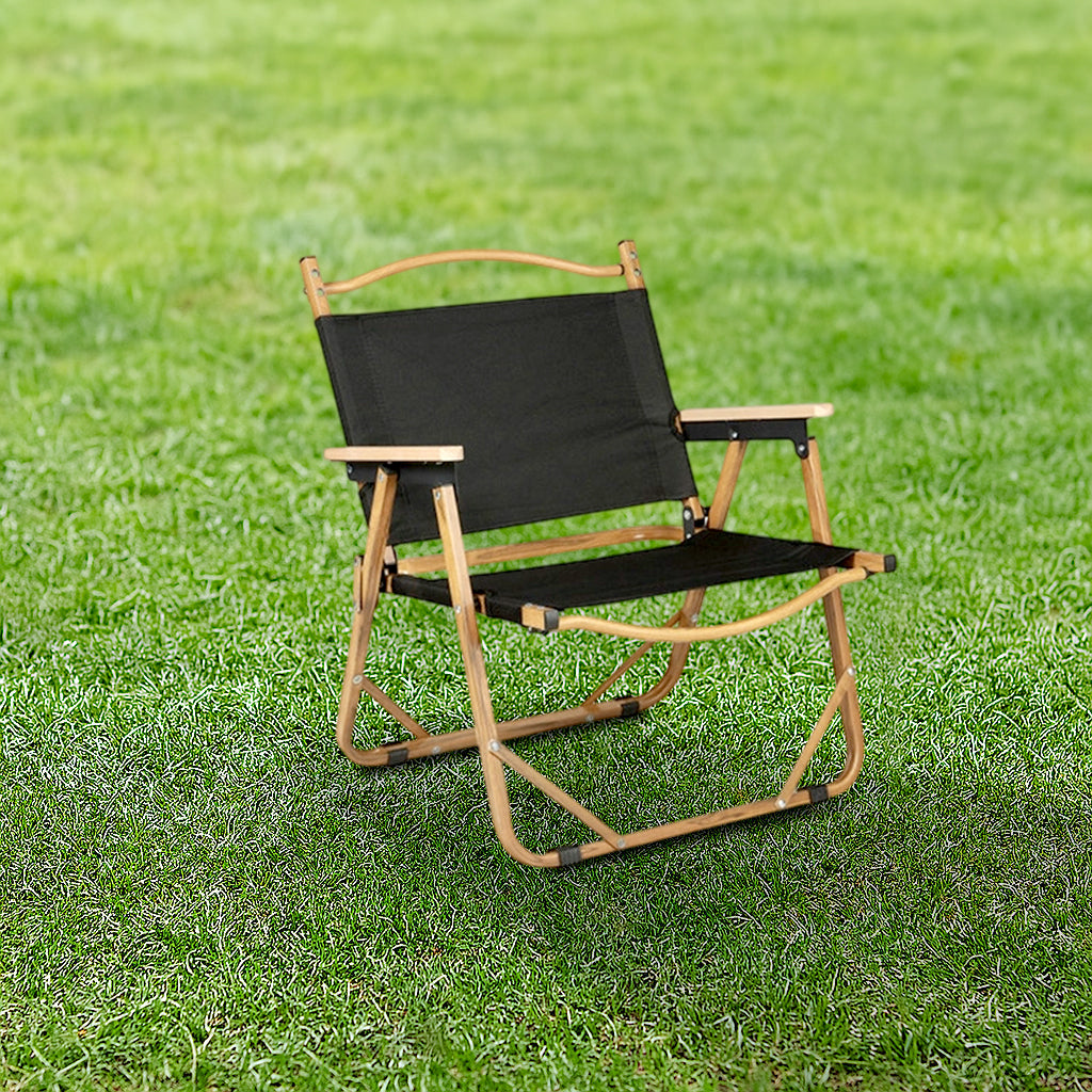 Moderner Minimalistischer Rechteckiger Außen-Campingstuhl aus Kohlenstoffstahl, Aluminiummaterial, Buchenholz, Oxford-Stoff, PET, Faltbar, Tragbar, Abnehmbar mit Rückenlehne und Armlehne für den Garten | Brehn