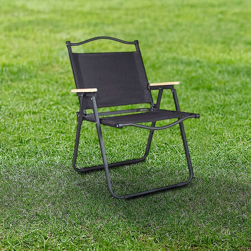 Moderner Minimalistischer Rechteckiger Außen-Campingstuhl aus Kohlenstoffstahl, Aluminiummaterial, Buchenholz, Oxford-Stoff, PET, Faltbar, Tragbar, Abnehmbar mit Rückenlehne und Armlehne für den Garten | Brehn