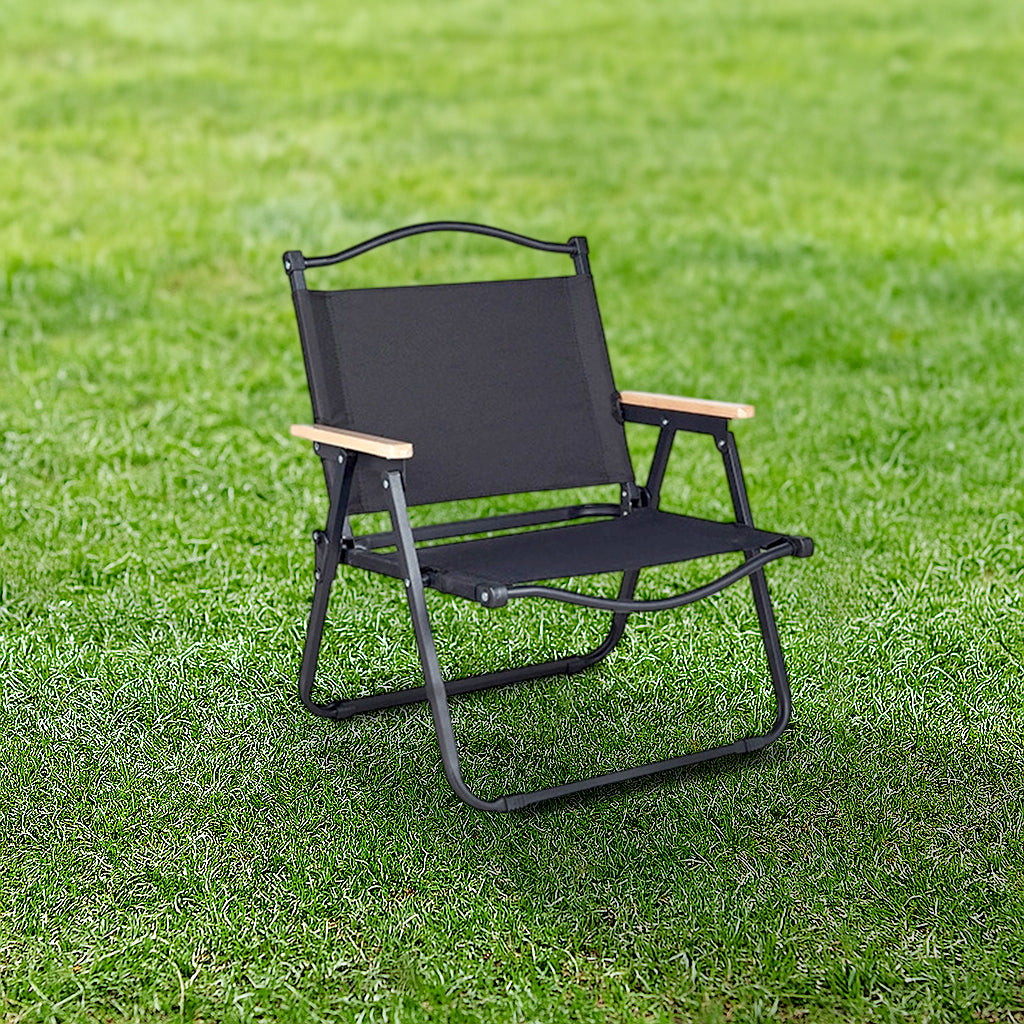 Moderner Minimalistischer Rechteckiger Außen-Campingstuhl aus Kohlenstoffstahl, Aluminiummaterial, Buchenholz, Oxford-Stoff, PET, Faltbar, Tragbar, Abnehmbar mit Rückenlehne und Armlehne für den Garten | Brehn
