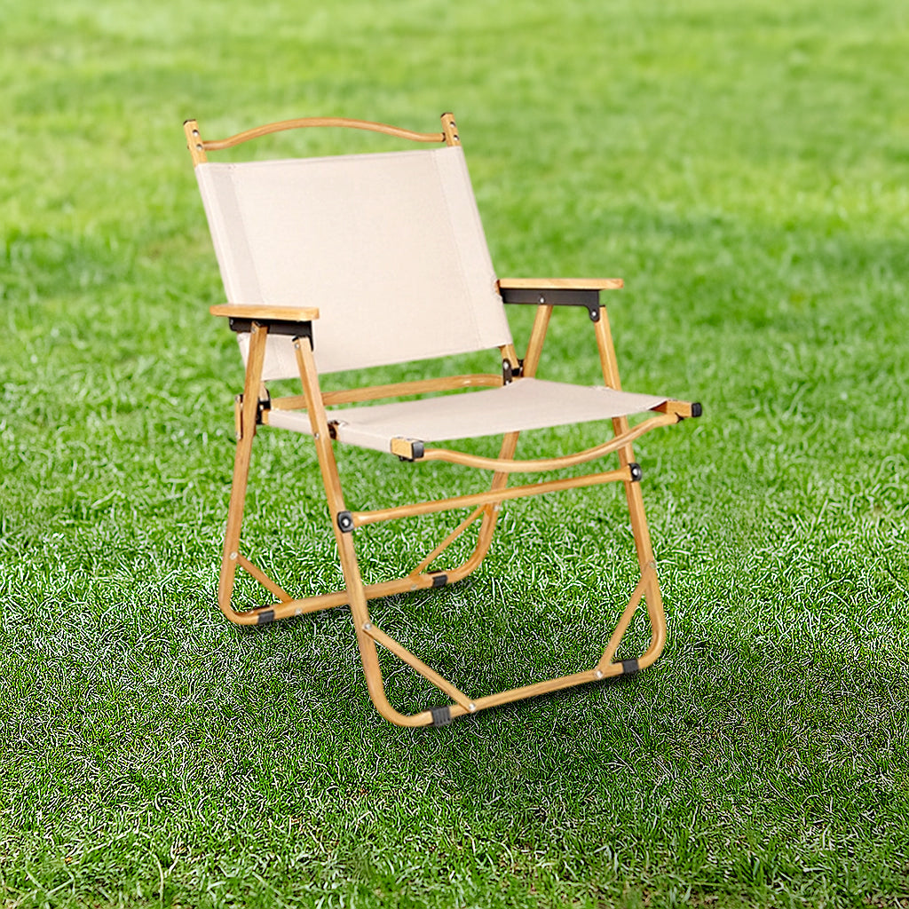 Moderner Minimalistischer Rechteckiger Außen-Campingstuhl aus Kohlenstoffstahl, Aluminiummaterial, Buchenholz, Oxford-Stoff, PET, Faltbar, Tragbar, Abnehmbar mit Rückenlehne und Armlehne für den Garten | Brehn