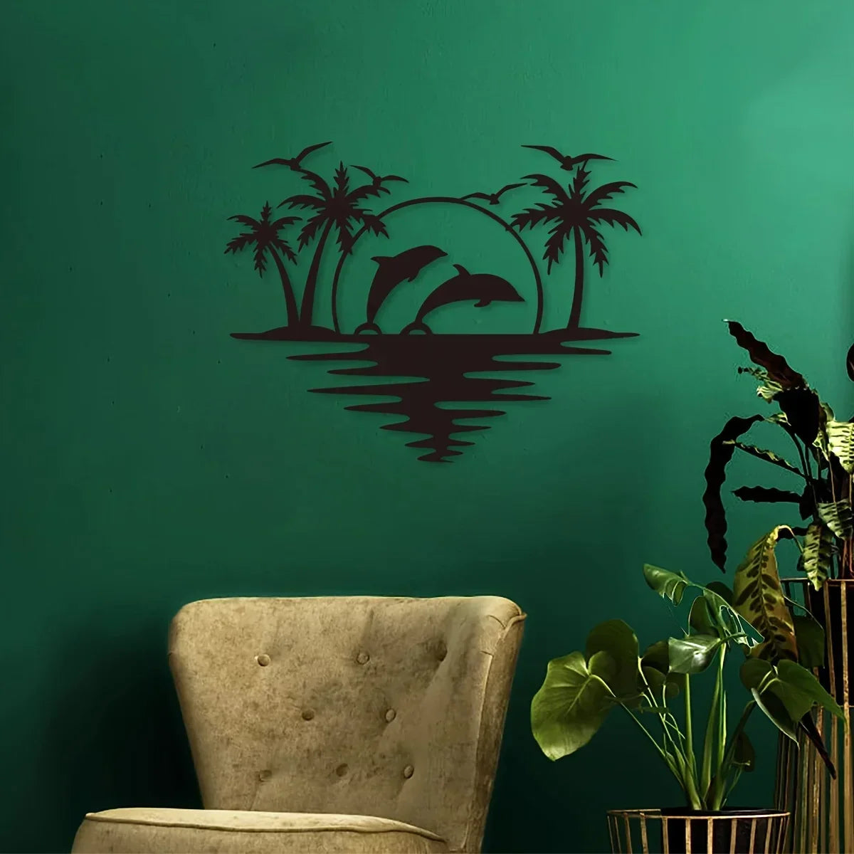 Delfin Sonnenuntergang Tropische Palmen Eisen Kunst Wandkunst 3D Metall Skulptur Wanddekoration Für Wohnzimmer Esszimmer Kreative Zeitgenössische Nordische Wohnkultur