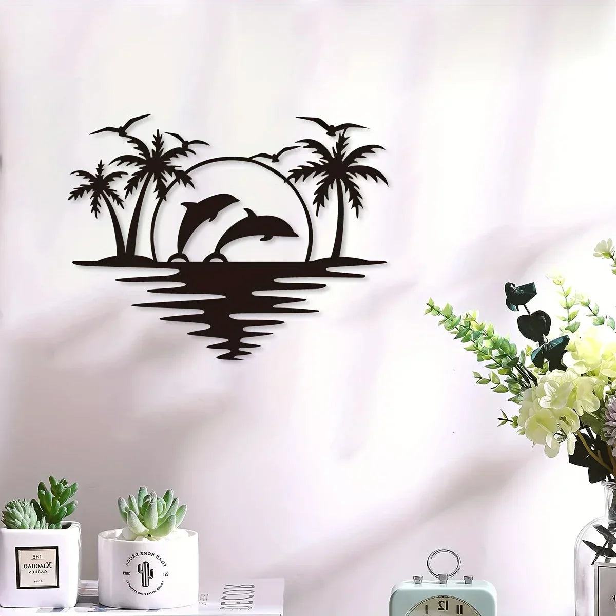 Delfin Sonnenuntergang Tropische Palmen Eisen Kunst Wandkunst 3D Metall Skulptur Wanddekoration Für Wohnzimmer Esszimmer Kreative Zeitgenössische Nordische Wohnkultur