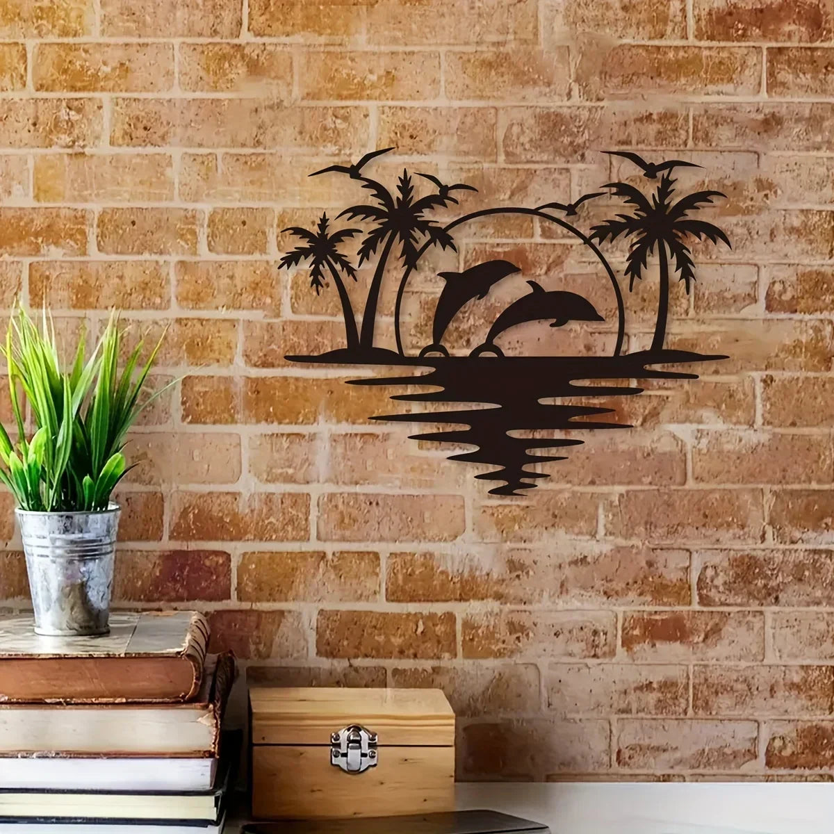 Delfin Sonnenuntergang Tropische Palmen Eisenkunst Wandkunst 3D Metall Skulptur Wanddekoration Für Wohnzimmer Esszimmer Kreativ Zeitgenössisch Nordisch Wohnkultur | Brehn