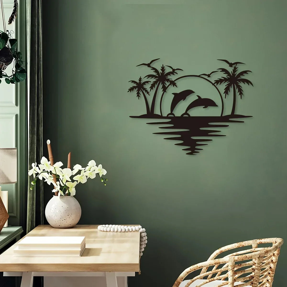 Delfin Sonnenuntergang Tropische Palmen Eisen Kunst Wandkunst 3D Metall Skulptur Wanddekoration Für Wohnzimmer Esszimmer Kreative Zeitgenössische Nordische Wohnkultur
