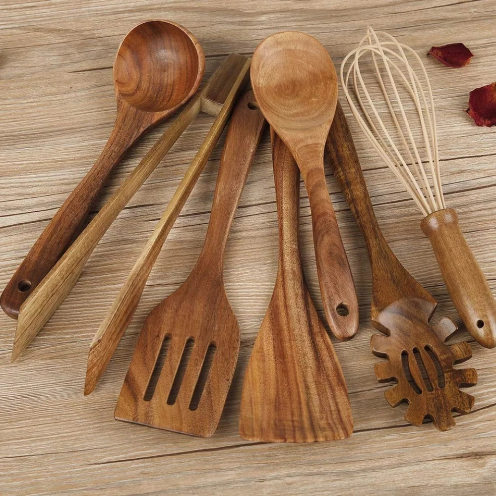 Brehn | Teakholz Küchenutensilien Set – 7-teiliges Set mit Antihaftbeschichtung