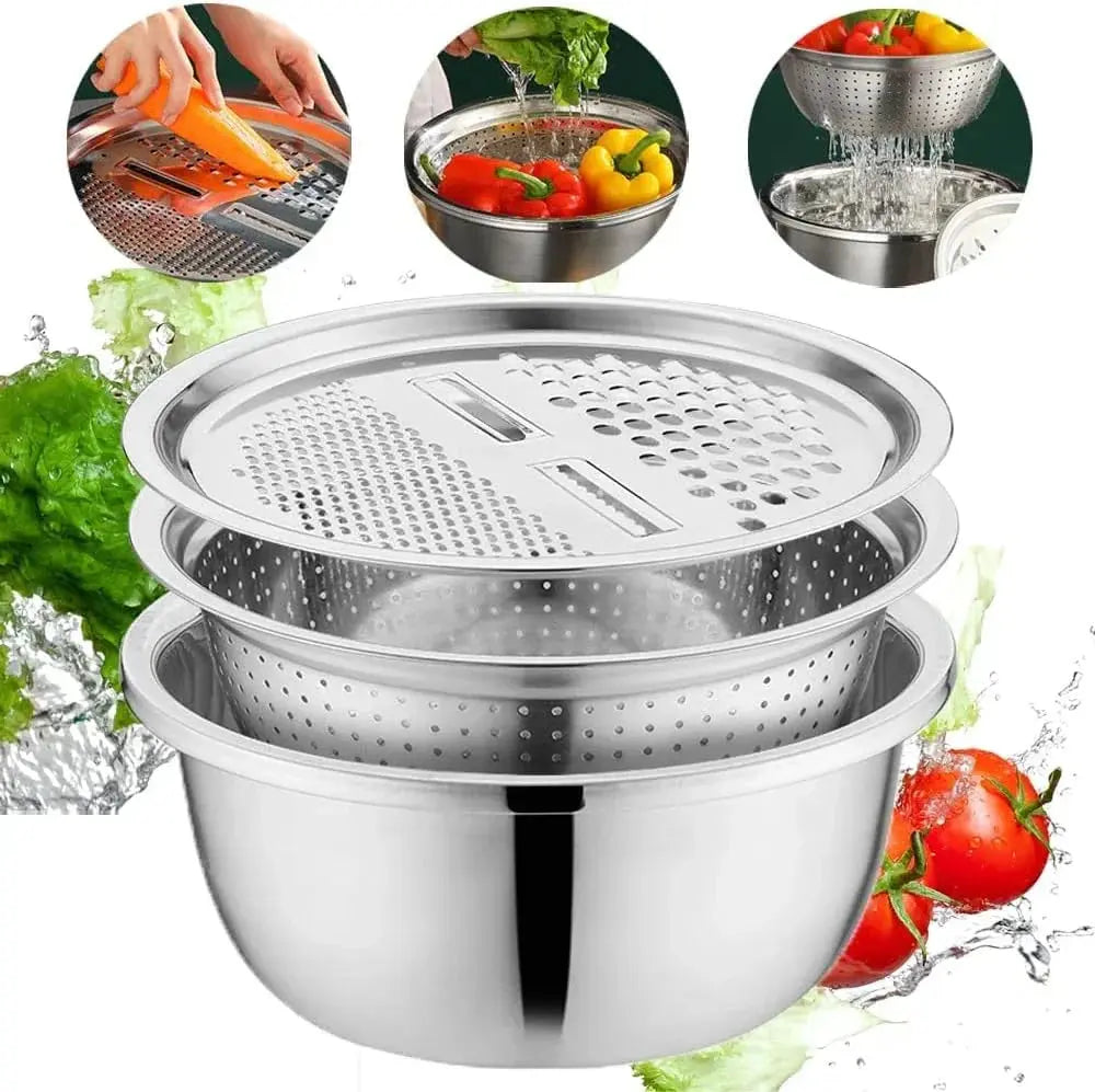 3-in-1 Rührschüssel-Set Edelstahl mit Reibe und Sieb | Brehn