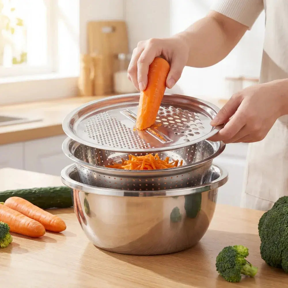 3-in-1 Rührschüssel-Set Edelstahl mit Reibe und Sieb | Brehn