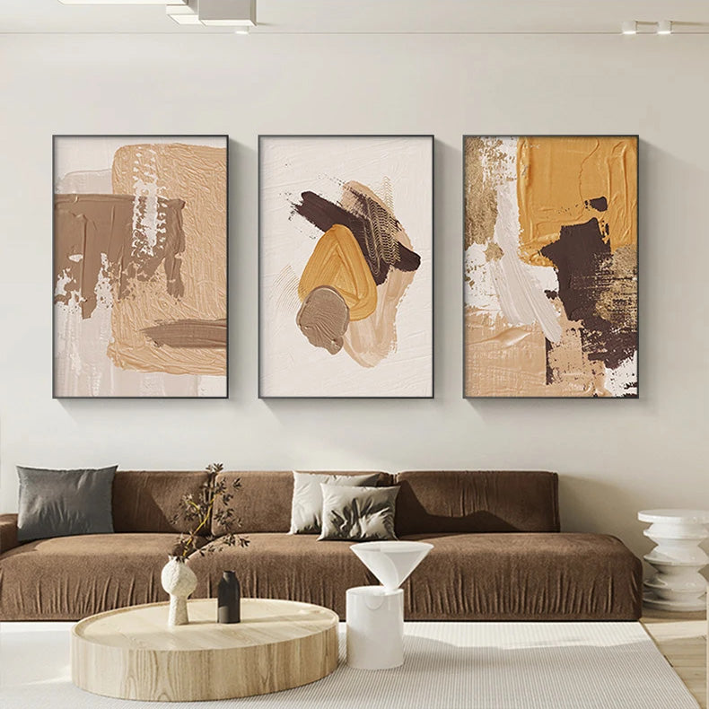 Elegante Erdtöne Abstract Pinselstruktur Wandkunst Feine Kunst Leinwanddrucke Triple Harmony von Senfgelb, Braun und Beige – Zeitgenössische Wandkunst für moderne Wohnkultur