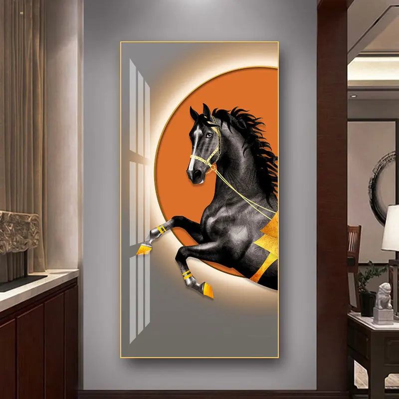 Elegante Reiter Wandkunst Fine Art Leinwanddruck Majestätisches Braunes Pferdeporträt auf abstraktem orangen Hintergrund für Bilder für moderne Inneneinrichtung