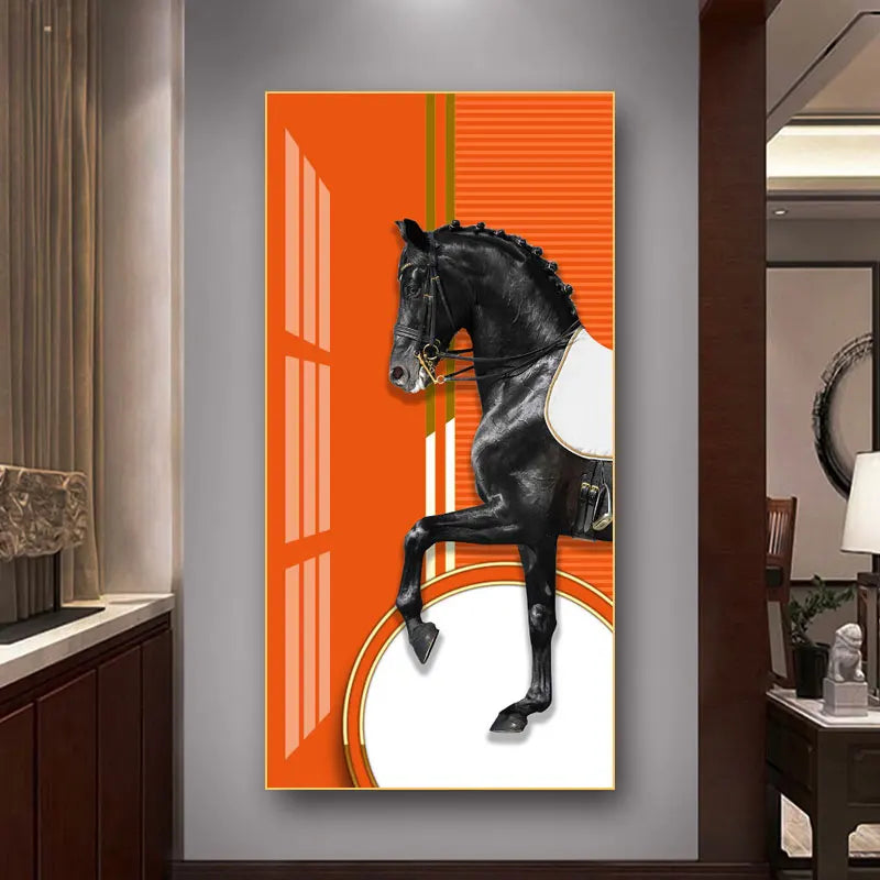Elegante Reiter Wandkunst Fine Art Leinwanddruck Majestätisches Braunes Pferdeporträt auf abstraktem orangen Hintergrund für Bilder für moderne Inneneinrichtung