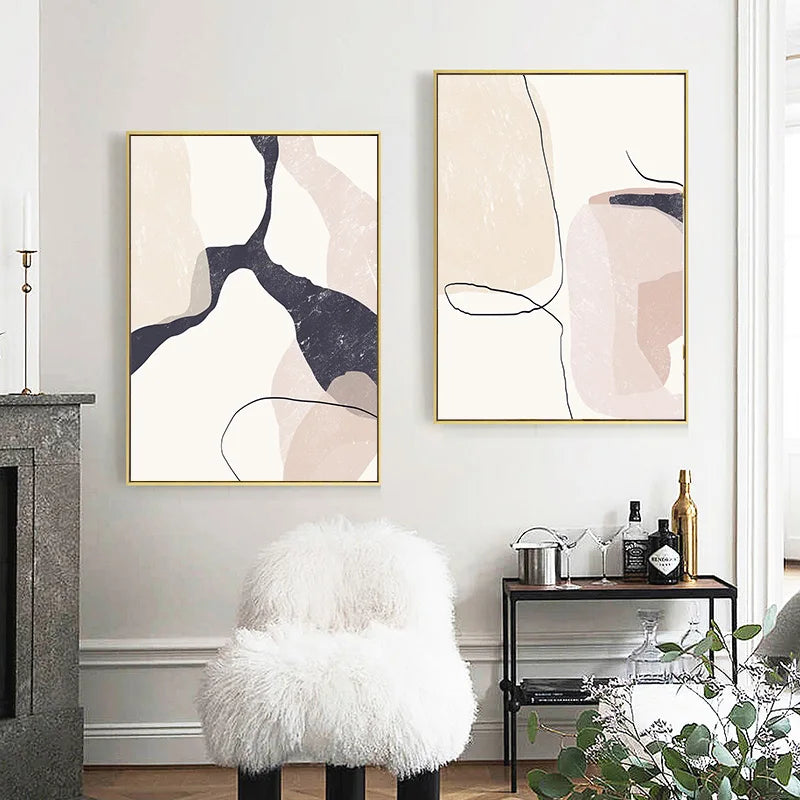 Elegante Minimalistische Abstrakte Wandkunst Fine Art Leinwanddrucke - Organische Formen und Linien in Beige, Blush und Schwarz - Perfekt für moderne Innenräume und Wohnkultur