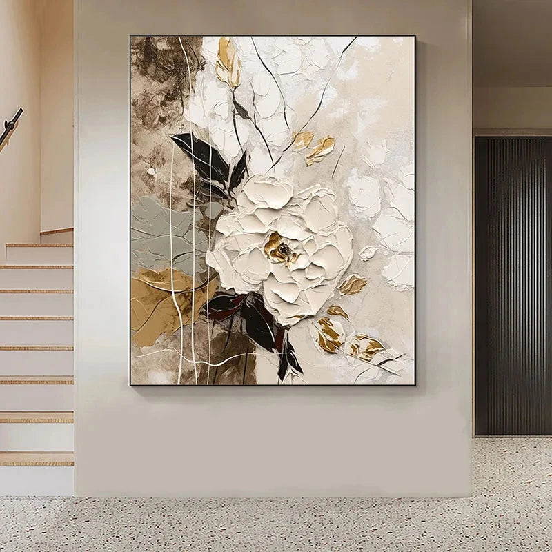 Elegante Blumen mit goldenen Akzenten Wandkunst Feine Kunst Leinwanddrucke Moderne abstrakte botanische Bilder für Wohnzimmer Eingangsbereich Wanddekoration | Brehn