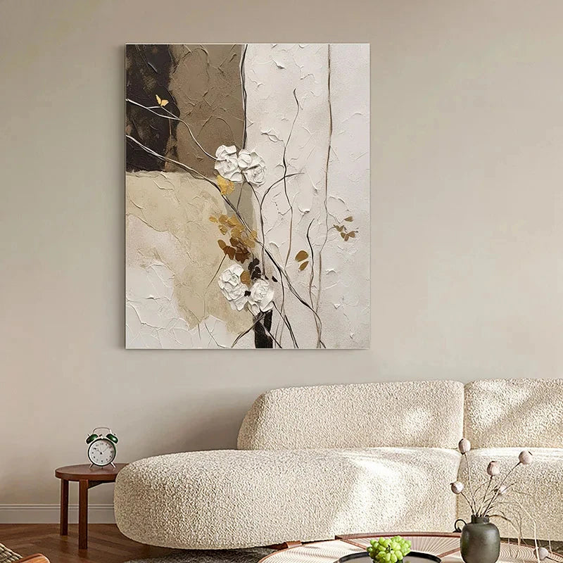 Elegante Blumen mit goldenen Akzenten Wandkunst Feine Kunst Leinwanddrucke Moderne abstrakte botanische Bilder für Wohnzimmer Eingangsbereich Wanddekoration | Brehn