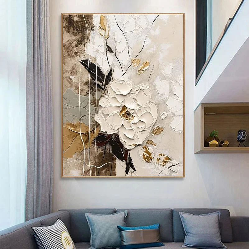 Elegante Blumen mit goldenen Akzenten Wandkunst Feine Kunst Leinwanddrucke Moderne abstrakte botanische Bilder für Wohnzimmer Eingangsbereich Wanddekoration | Brehn