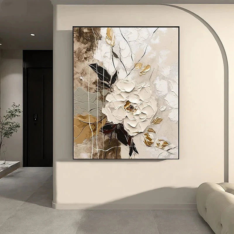 Elegante Blumen mit goldenen Akzenten Wandkunst Feine Kunst Leinwanddrucke Moderne abstrakte botanische Bilder für Wohnzimmer Eingangsbereich Wanddekoration | Brehn