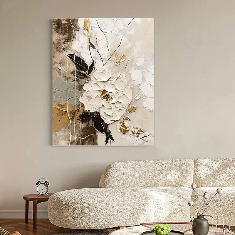 Elegante Blumen mit goldenen Akzenten Wandkunst Feine Kunst Leinwanddrucke Moderne abstrakte botanische Bilder für Wohnzimmer Eingangsbereich Wanddekoration | Brehn