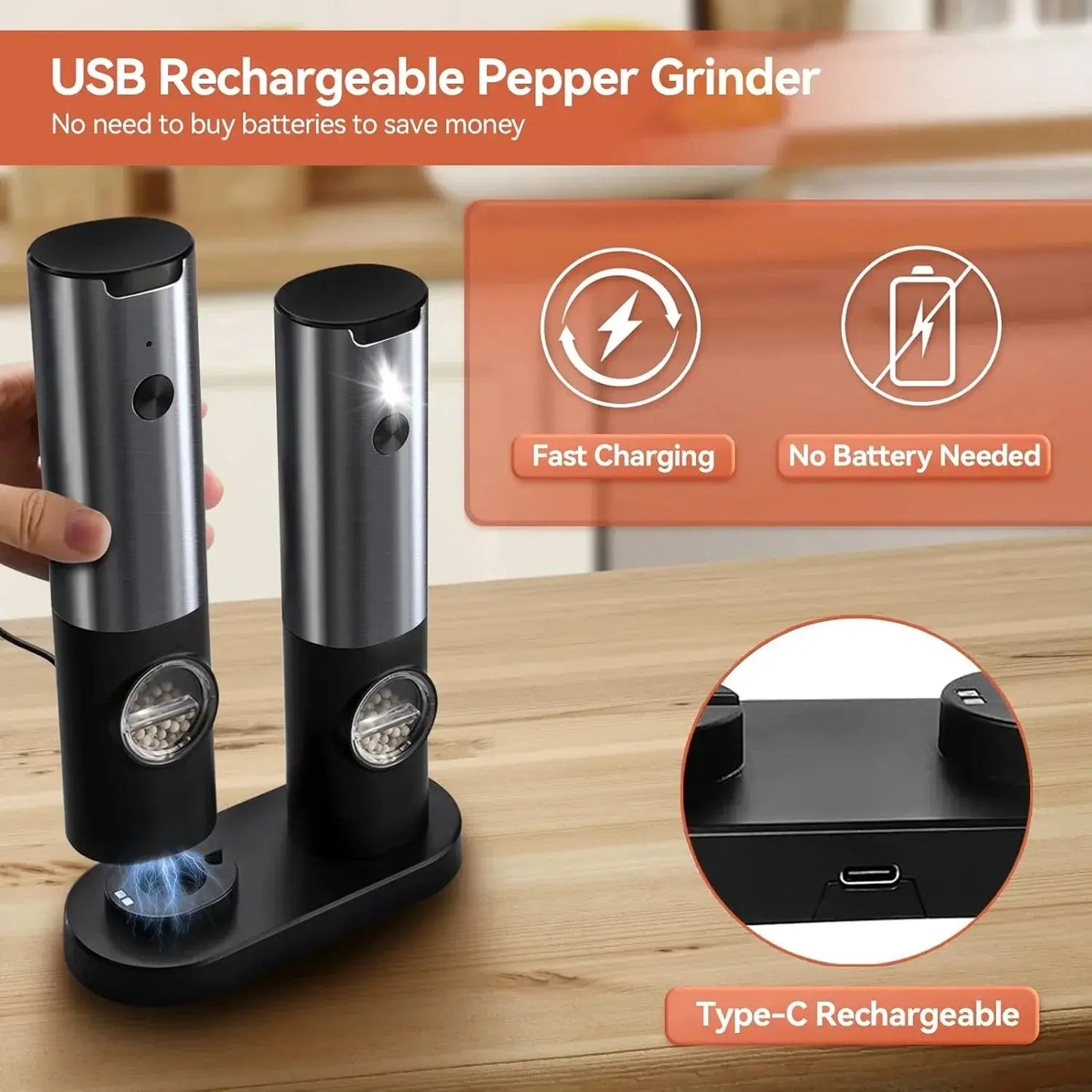 Elektrisches Gewürzmühlen-Set mit USB-C-Ladestation | Brehn