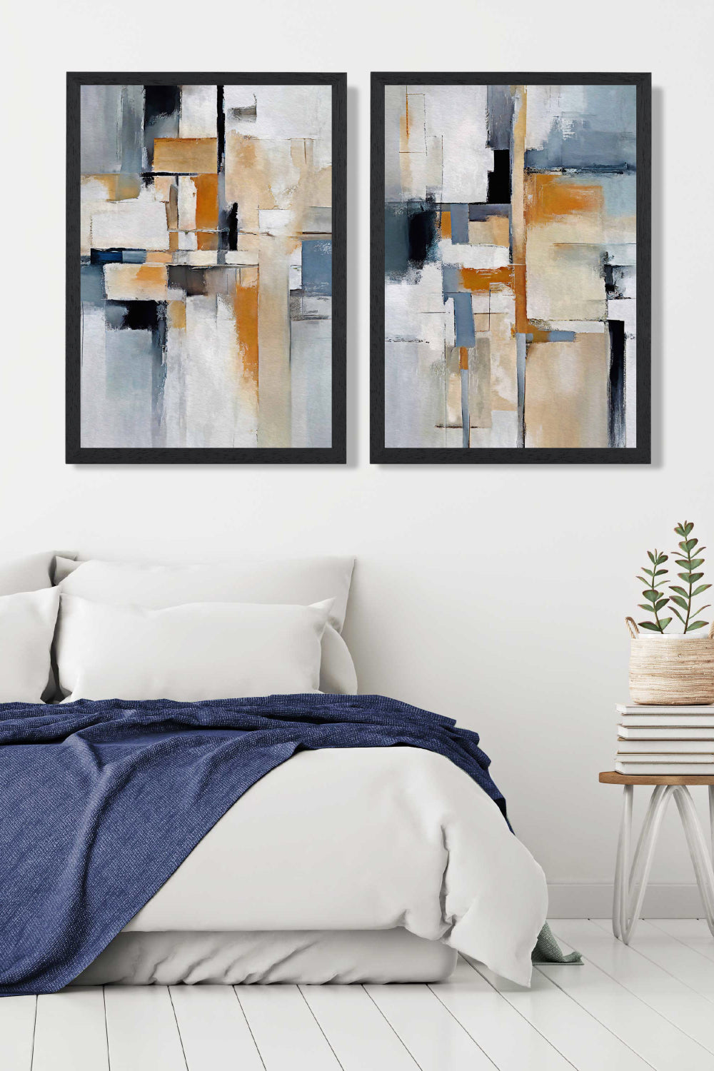 Abstraktes Set aus 2 gerahmten Kunstdrucken in Blau und Orange