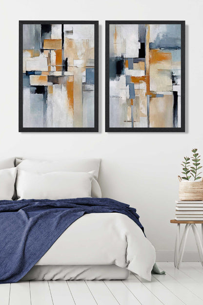 Abstraktes Set aus 2 gerahmten Kunstdrucken in Blau und Orange