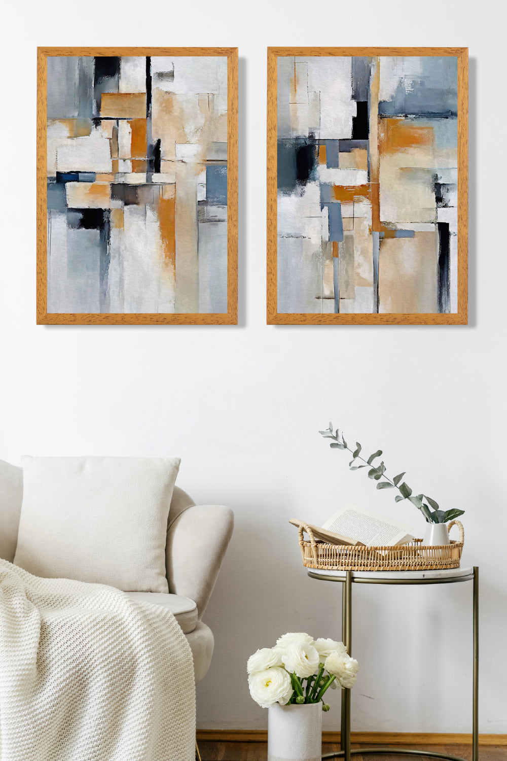 Abstraktes Set aus 2 gerahmten Kunstdrucken in Blau und Orange