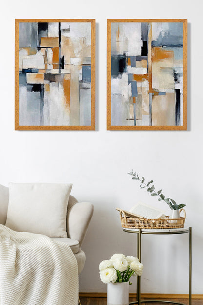 Abstraktes Set aus 2 gerahmten Kunstdrucken in Blau und Orange