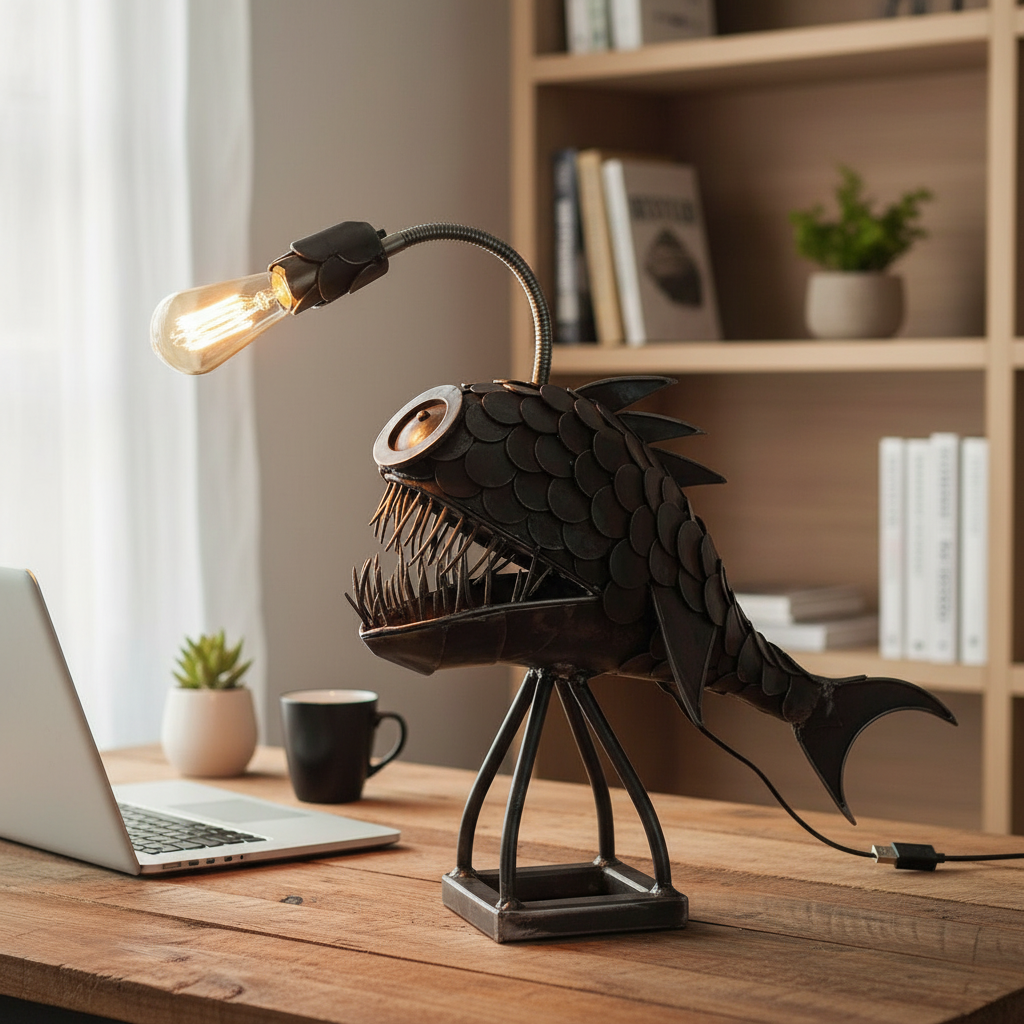 Brehn | Anglerfisch Skulptur-Lampe | Industrial Steampunk Design | Handgefertigtes Metall-Kunstwerk | USB-Tischleuchte für Büro & Wohnraum