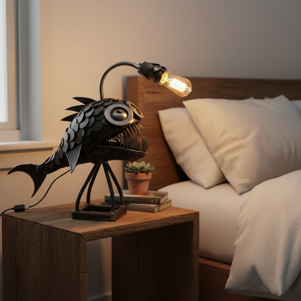 Brehn | Anglerfisch Skulptur-Lampe | Industrial Steampunk Design | Handgefertigtes Metall-Kunstwerk | USB-Tischleuchte für Büro & Wohnraum