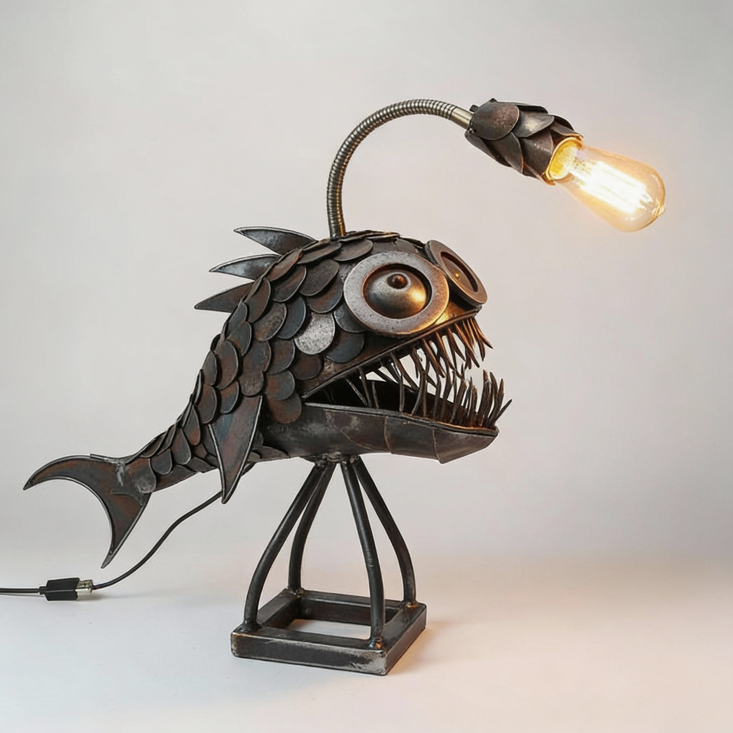 Brehn | Anglerfisch Skulptur-Lampe | Industrial Steampunk Design | Handgefertigtes Metall-Kunstwerk | USB-Tischleuchte für Büro & Wohnraum