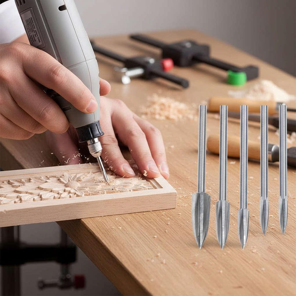 Brehn | 5-tlg. Holzschnitz- & Gravur-Bohrer Set | Hochgeschwindigkeitsstahl (HSS) | 3mm Universalschaft | Präzisionsfräser für Holz, Acryl & PVC | Professionelles DIY-Zubehör