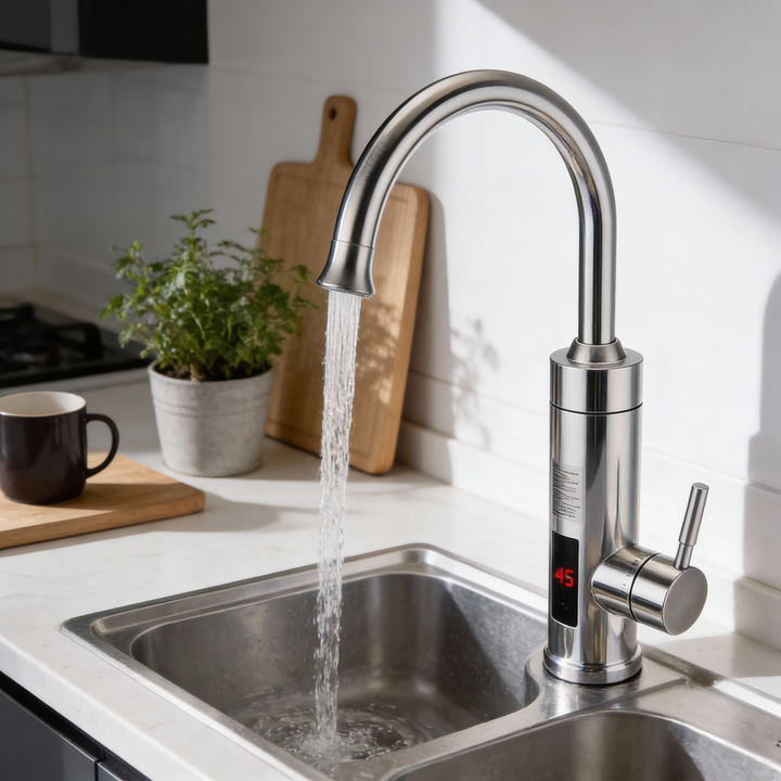 Brehn | Elektrische Küchenarmatur mit integriertem Durchlauferhitzer | 3000W Schnellheizsystem | Edelstahl-Finish | Digitale Temperaturanzeige | Instant-Warmwasser-Technologie