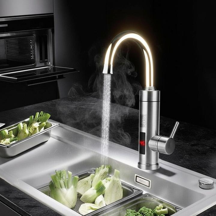 Brehn | Elektrische Küchenarmatur mit integriertem Durchlauferhitzer | 3000W Schnellheizsystem | Edelstahl-Finish | Digitale Temperaturanzeige | Instant-Warmwasser-Technologie