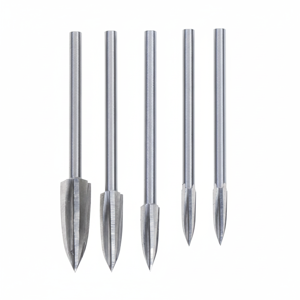 Brehn | 5-tlg. Holzschnitz- & Gravur-Bohrer Set | Hochgeschwindigkeitsstahl (HSS) | 3mm Universalschaft | Präzisionsfräser für Holz, Acryl & PVC | Professionelles DIY-Zubehör