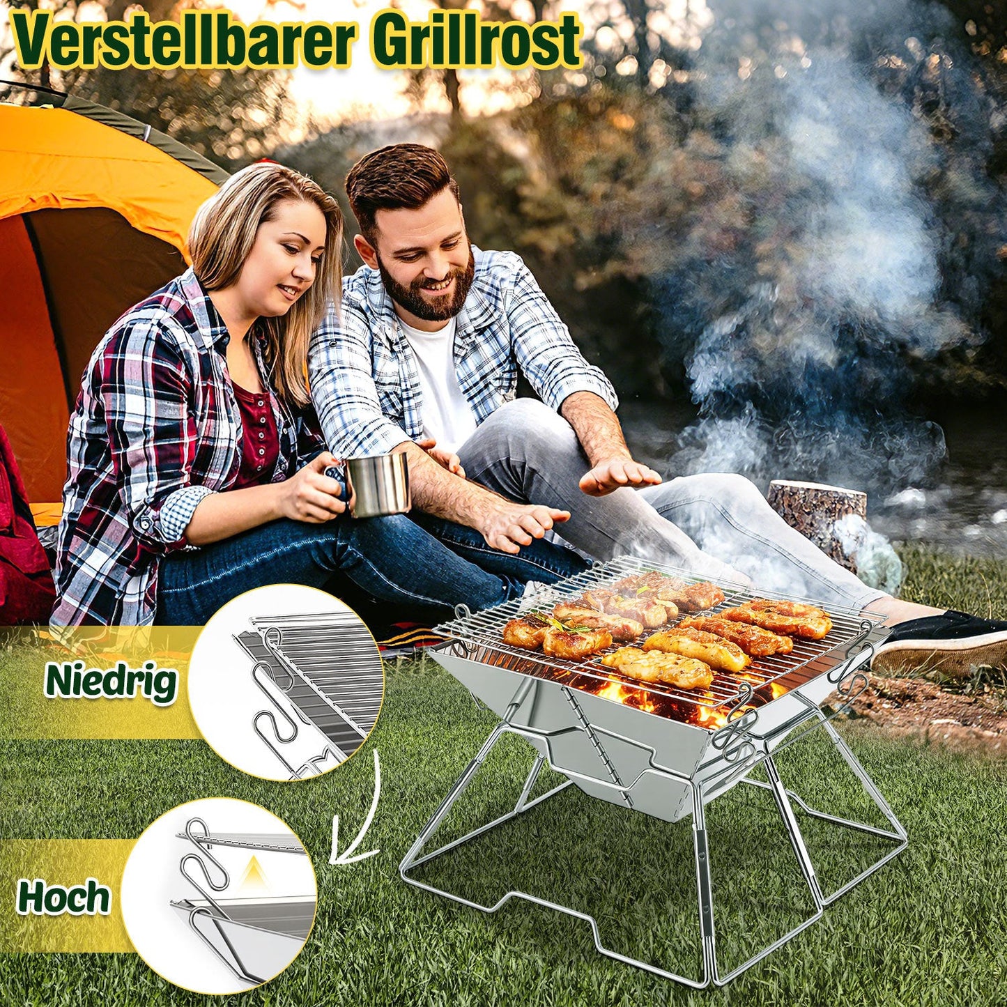 Faltbarer Camping Grill Edelstahl mit Höhenverstellbar Grillrost | Brehn