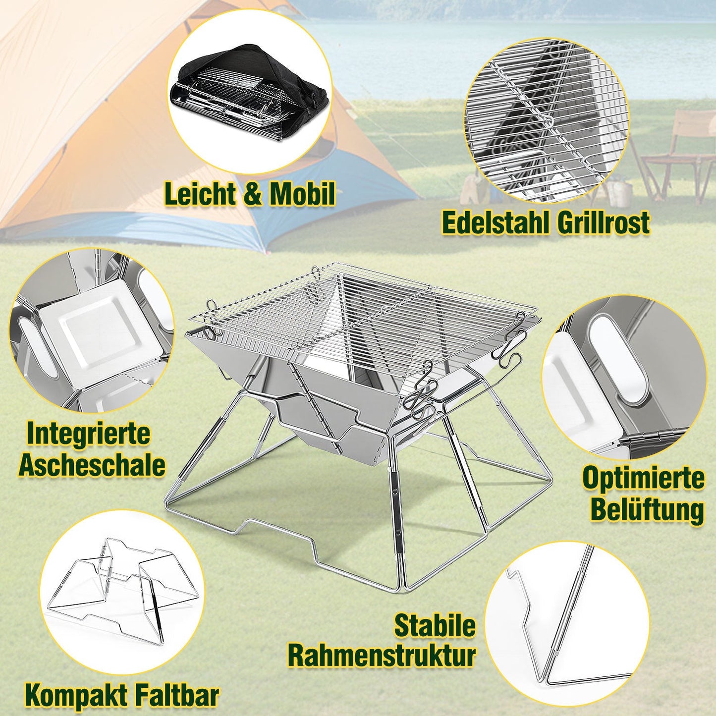 Faltbarer Camping Grill Edelstahl mit Höhenverstellbar Grillrost | Brehn