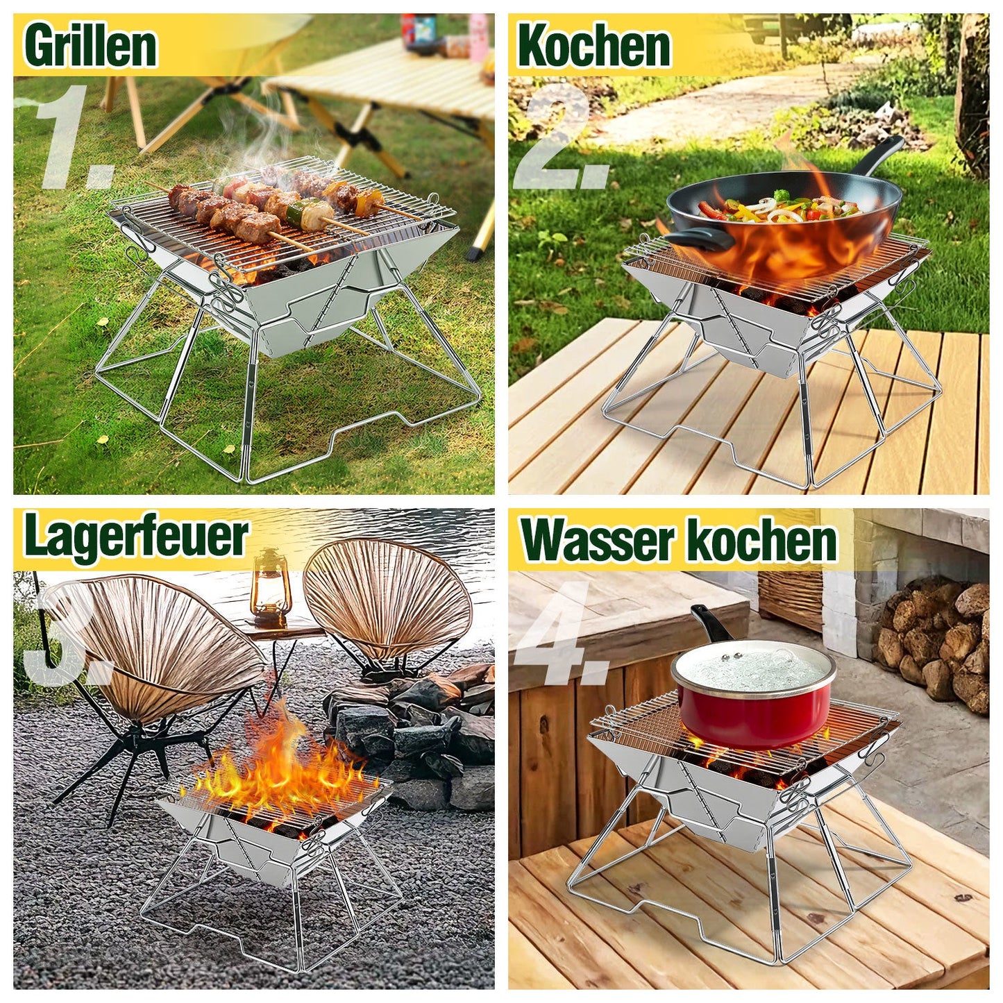 Faltbarer Camping Grill Edelstahl mit Höhenverstellbar Grillrost | Brehn