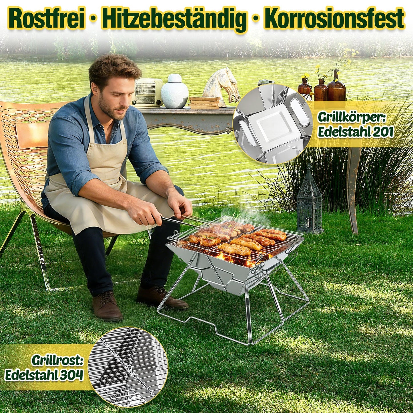 Faltbarer Camping Grill Edelstahl mit Höhenverstellbar Grillrost | Brehn