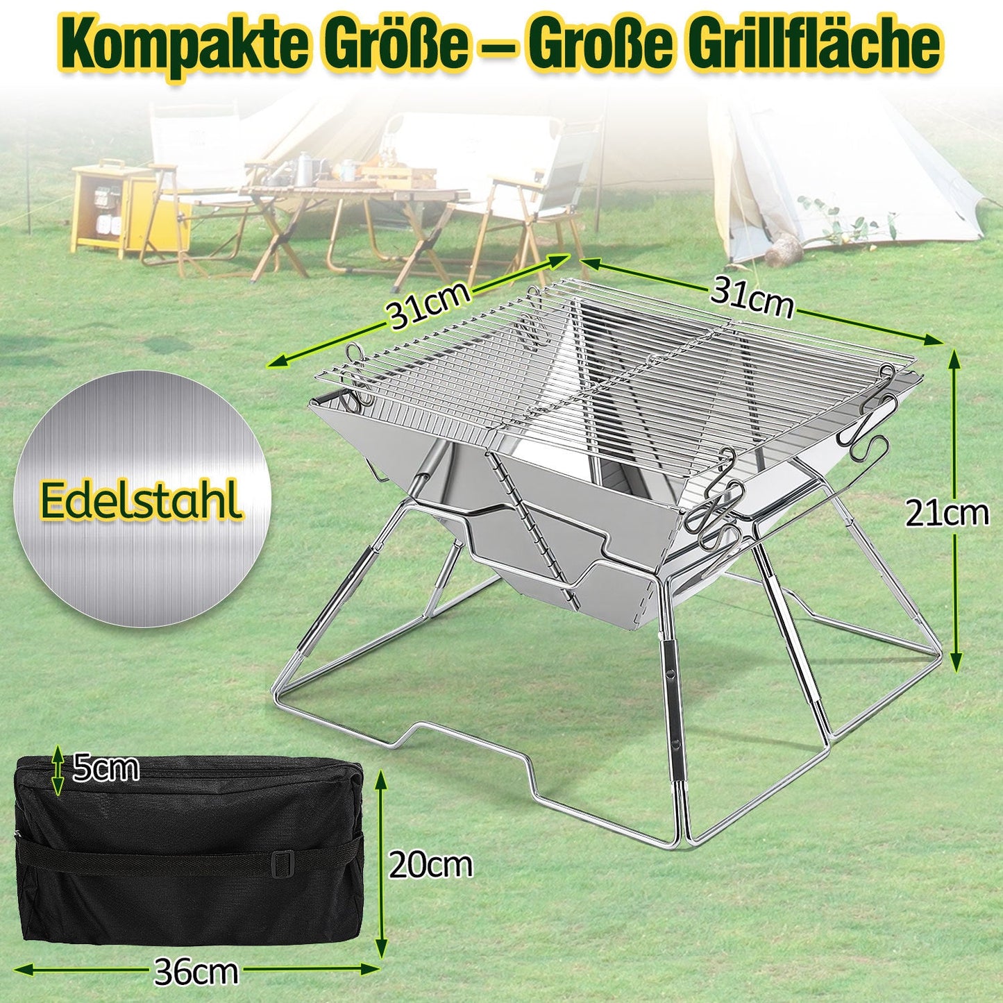 Faltbarer Camping Grill Edelstahl mit Höhenverstellbar Grillrost | Brehn