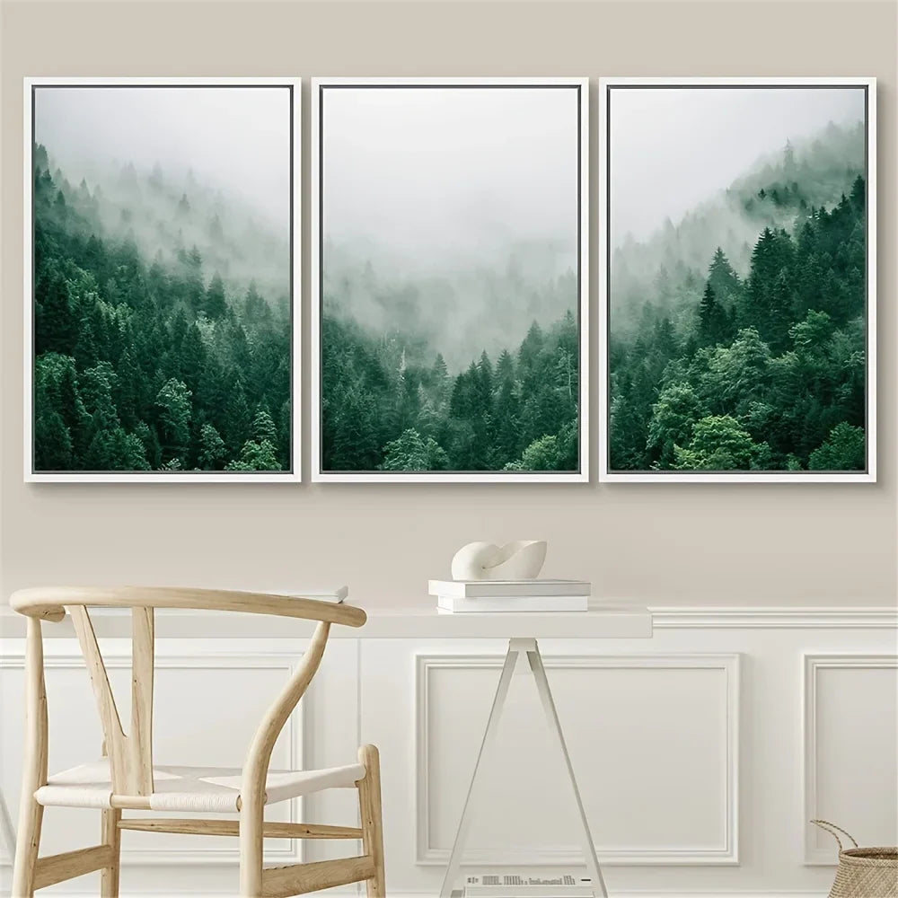 Set von 3PCS Nebelwald Landschaft Wandkunst Fine Art Leinwanddrucke Inspirierende Bilder der Ruhe für das Wohnzimmer Wanddekoration