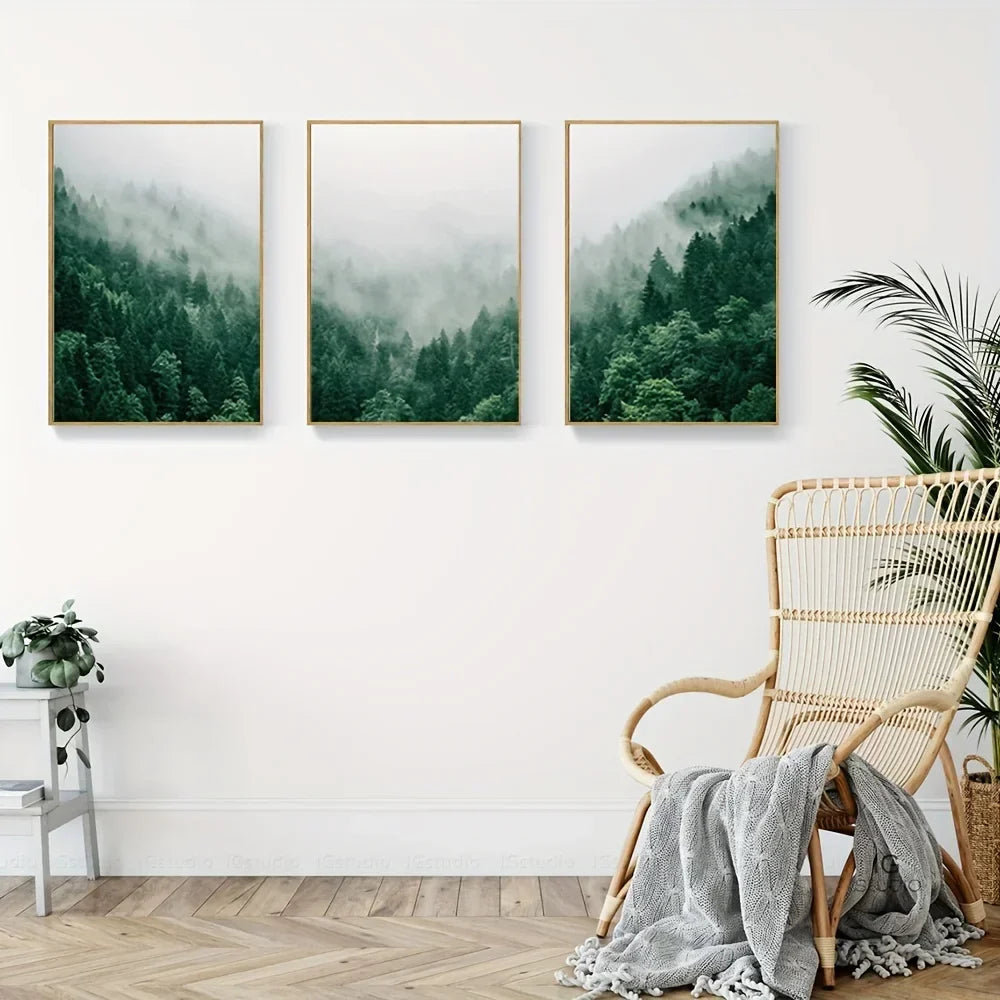 Set von 3PCS Nebelwald Landschaft Wandkunst Fine Art Leinwanddrucke Inspirierende Bilder der Ruhe für das Wohnzimmer Wanddekoration