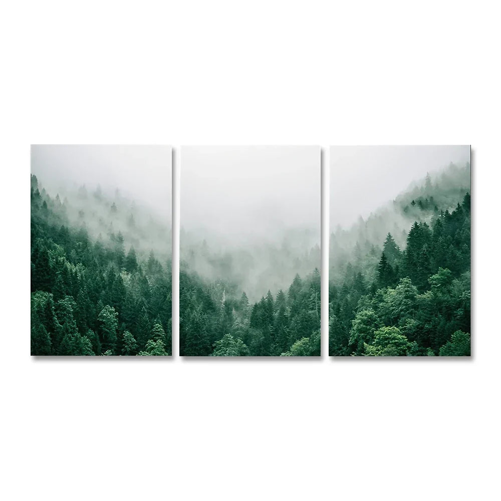 Set von 3PCS Nebelwald Landschaft Wandkunst Fine Art Leinwanddrucke Inspirierende Bilder der Ruhe für das Wohnzimmer Wanddekoration