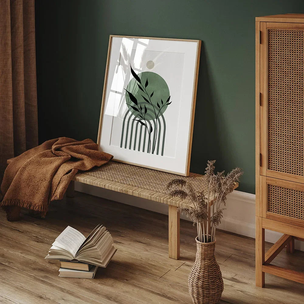 Set aus 3 Stück Erde Grün Minimalistische Geometrische Linienkunst Blatt Leinwanddruck Wandkunst Bilder für moderne Wohnzimmer Dekor