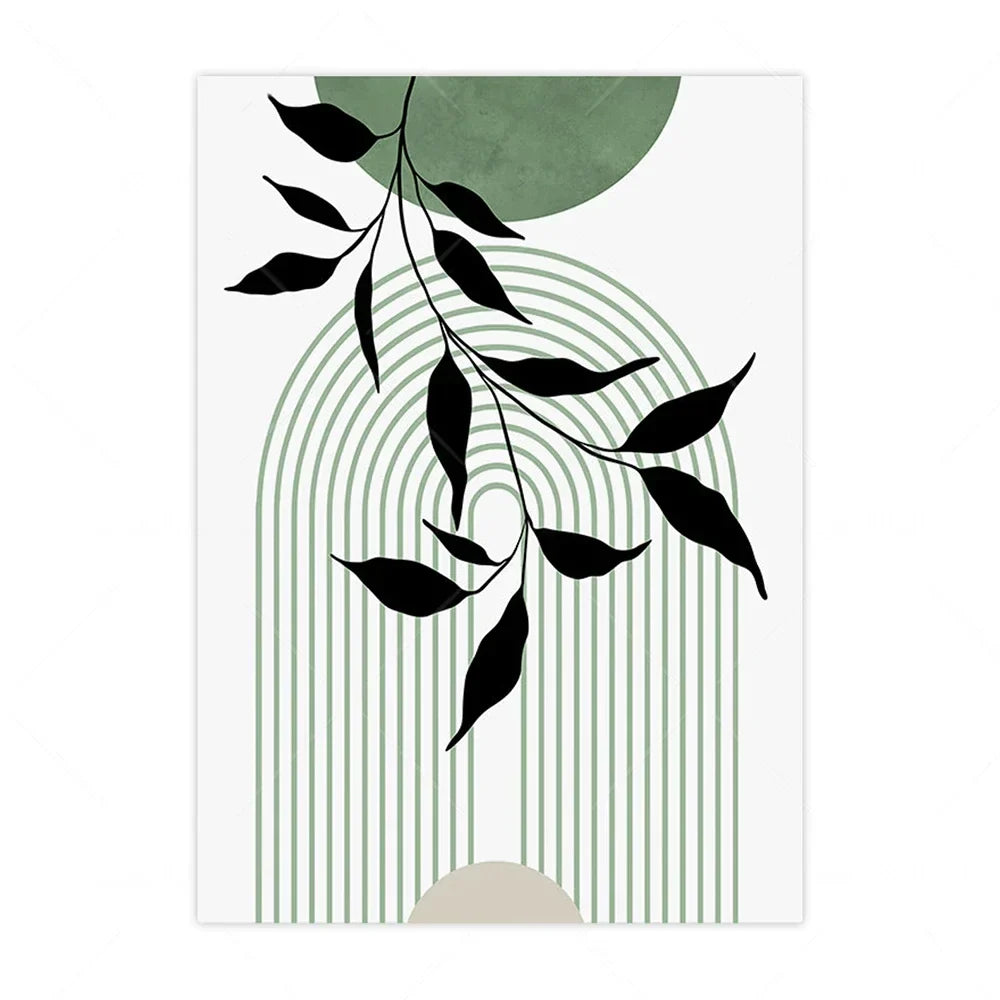 Set aus 3 Stück Erde Grün Minimalistische Geometrische Linienkunst Blatt Leinwanddruck Wandkunst Bilder für moderne Wohnzimmer Dekor