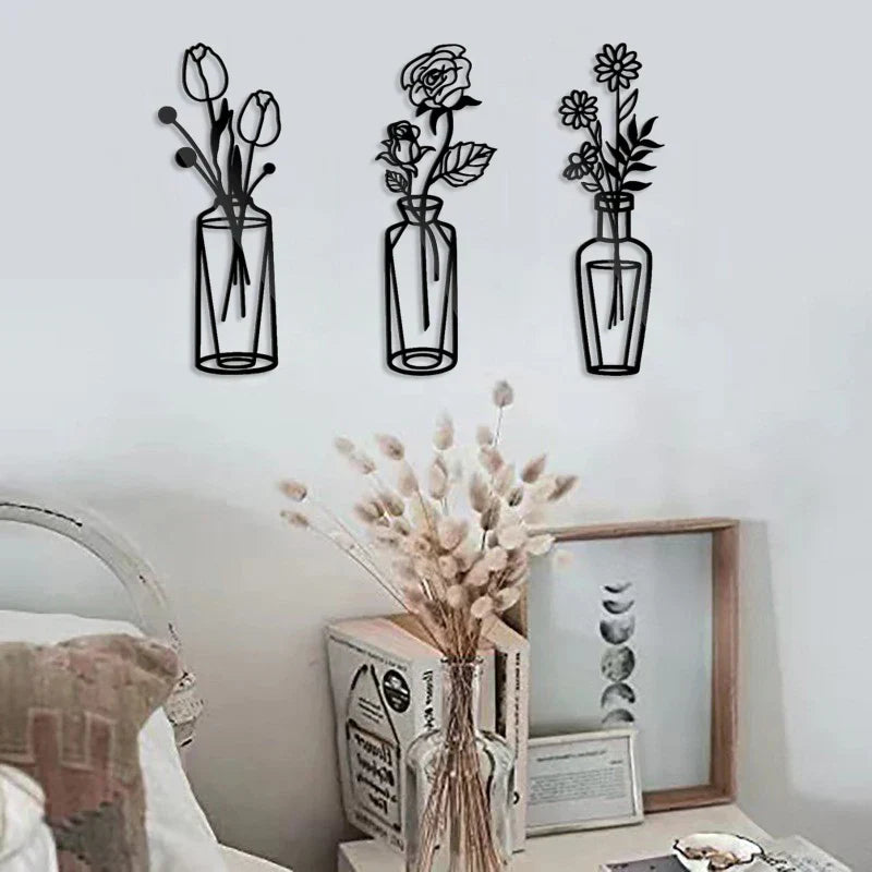 Blumen in einer Vase Schwarze Metall Wandkunst 3D Skulpturierte Eisenkunst Wanddekorationen für Wohnzimmer Esszimmer Kreative Nordische Wohnkultur