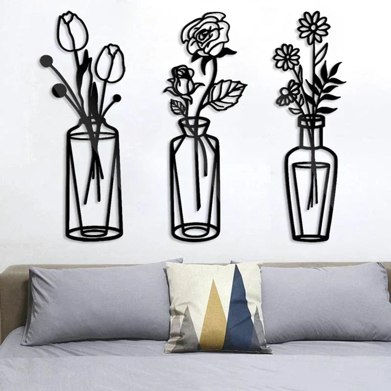 Blumen in einer Vase Schwarze Metall Wandkunst 3D Skulpturierte Eisenkunst Wanddekorationen für Wohnzimmer Esszimmer Kreative Nordische Wohnkultur