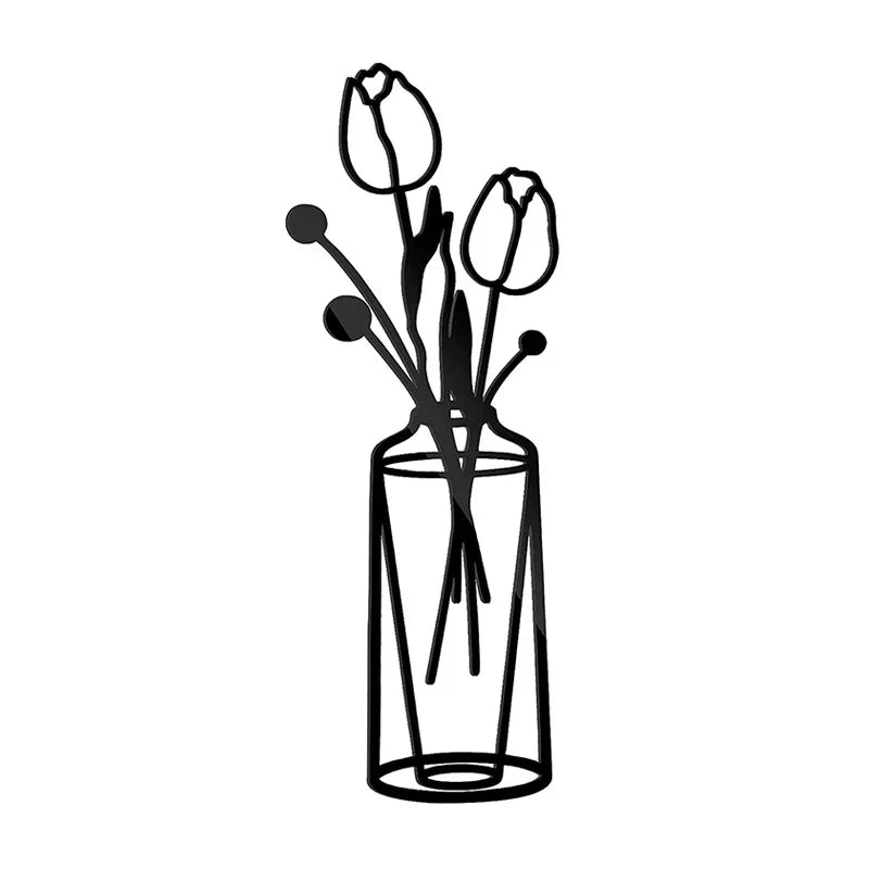 Blumen in einer Vase Schwarze Metall Wandkunst 3D Skulpturierte Eisenkunst Wanddekorationen für Wohnzimmer Esszimmer Kreative Nordische Wohnkultur